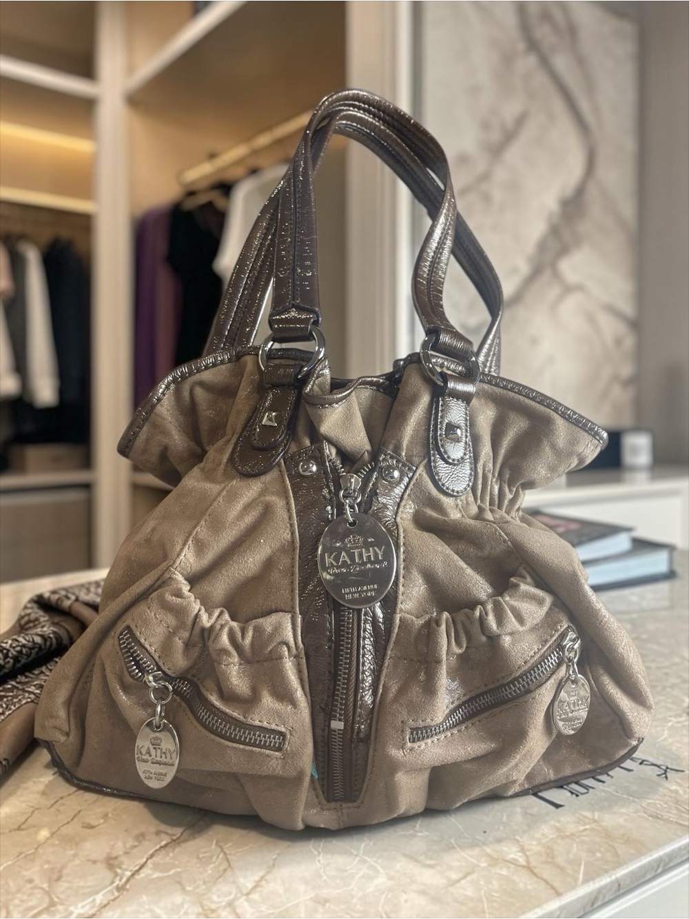 Kathy Van Zeeland Tan and Dark Brown Gathered Satchel